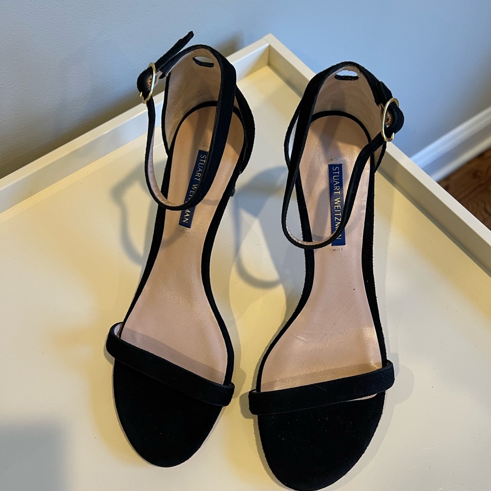 Stuart Weitzman Black Ankle Strap Heels Suede Sz 8.5